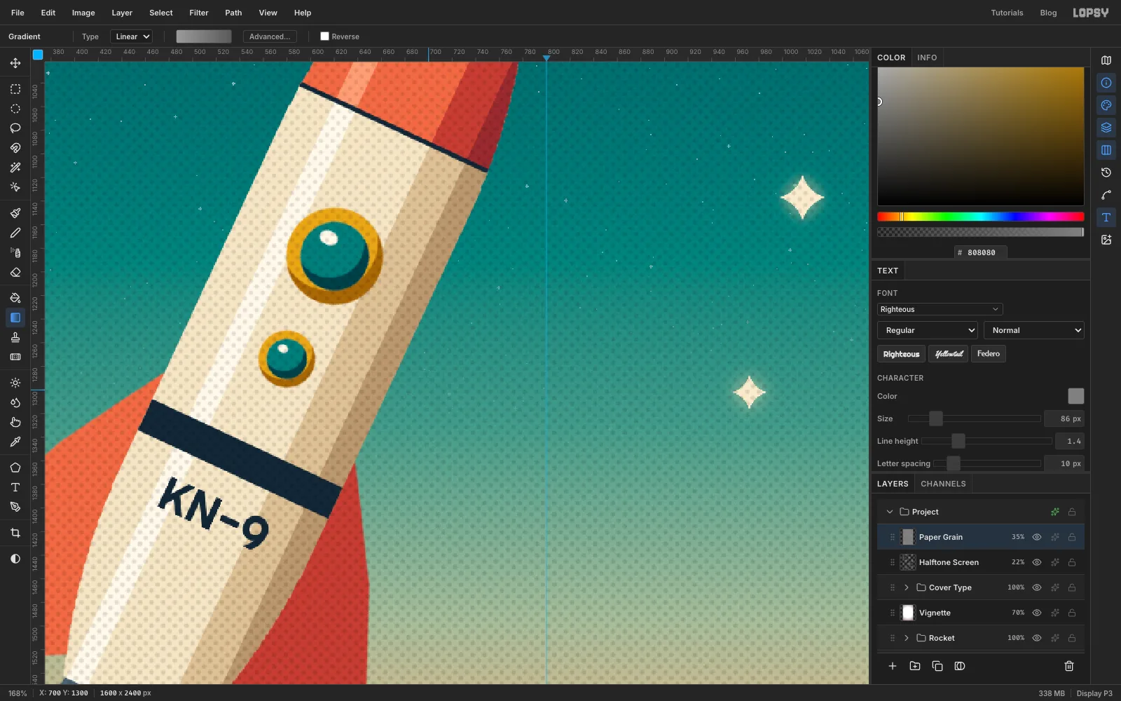 A close-up of the rocket and sky showing a fine diagonal halftone dot pattern and grain over everything