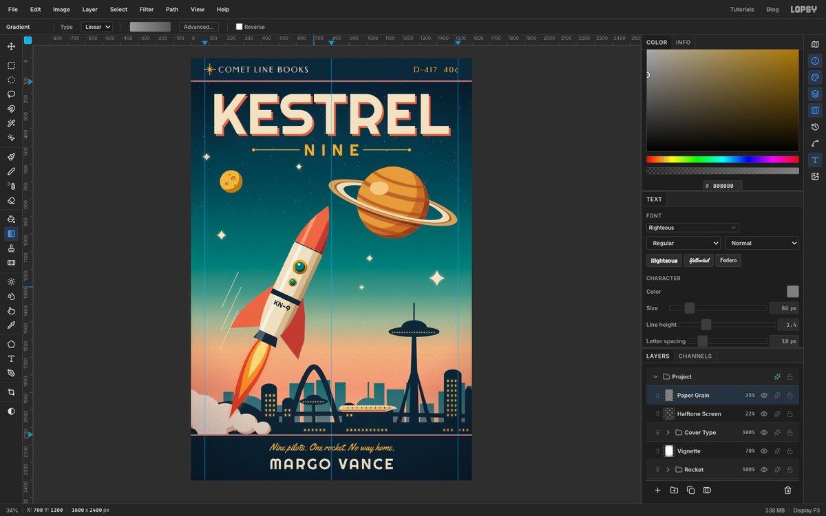 Lopsy at fit-to-screen zoom showing the finished Kestrel Nine paperback cover, with the Paper Grain, Halftone Screen, Cover Type, Vignette, Rocket and City layers in the Layers panel