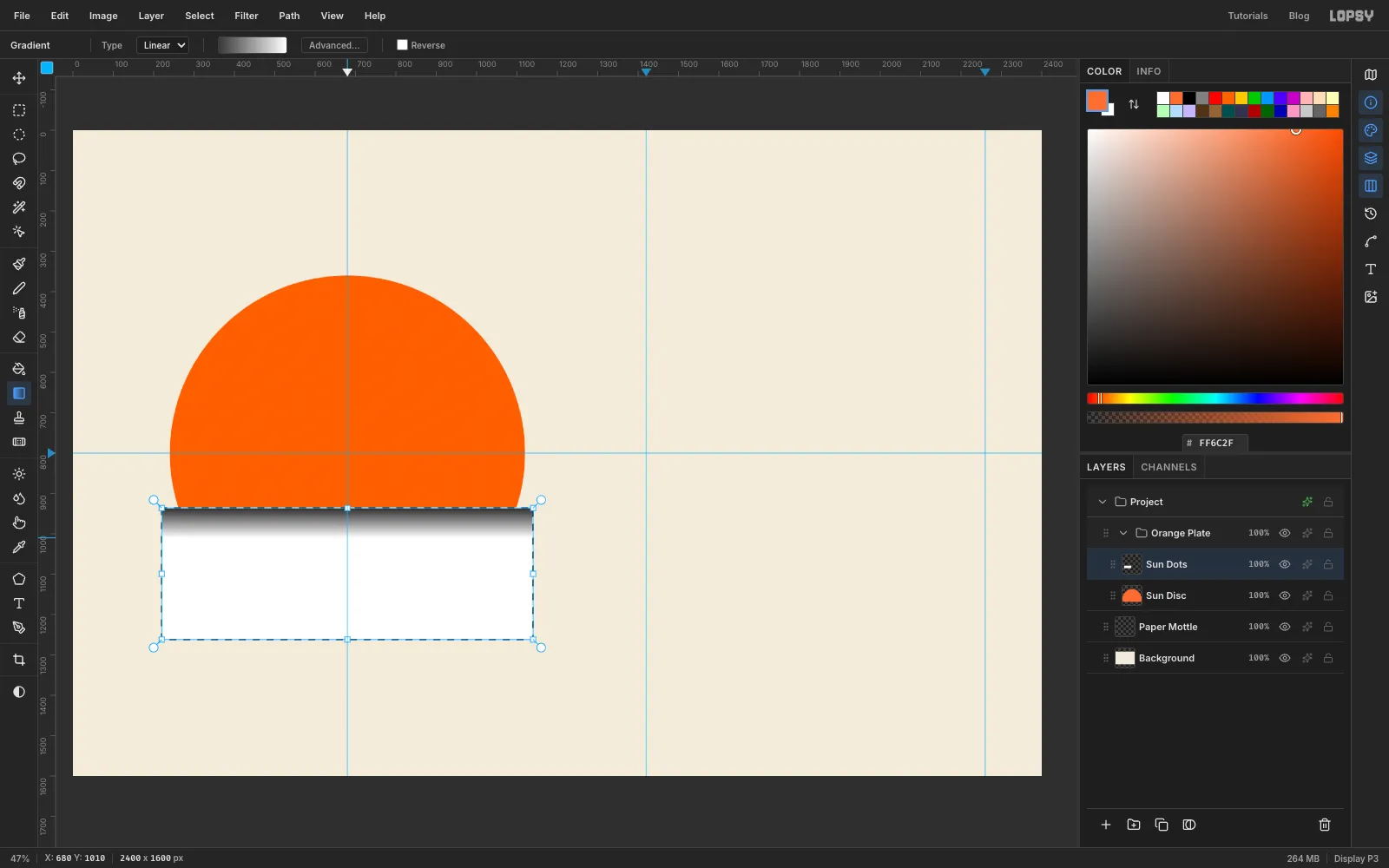 A rectangular marquee just under the orange sun filled with a short dark-grey to white gradient