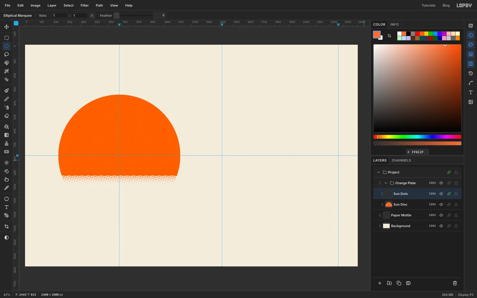 The finished orange plate so far: a solid orange semicircle with a thin band of fine orange dots fading out just below its flat bottom