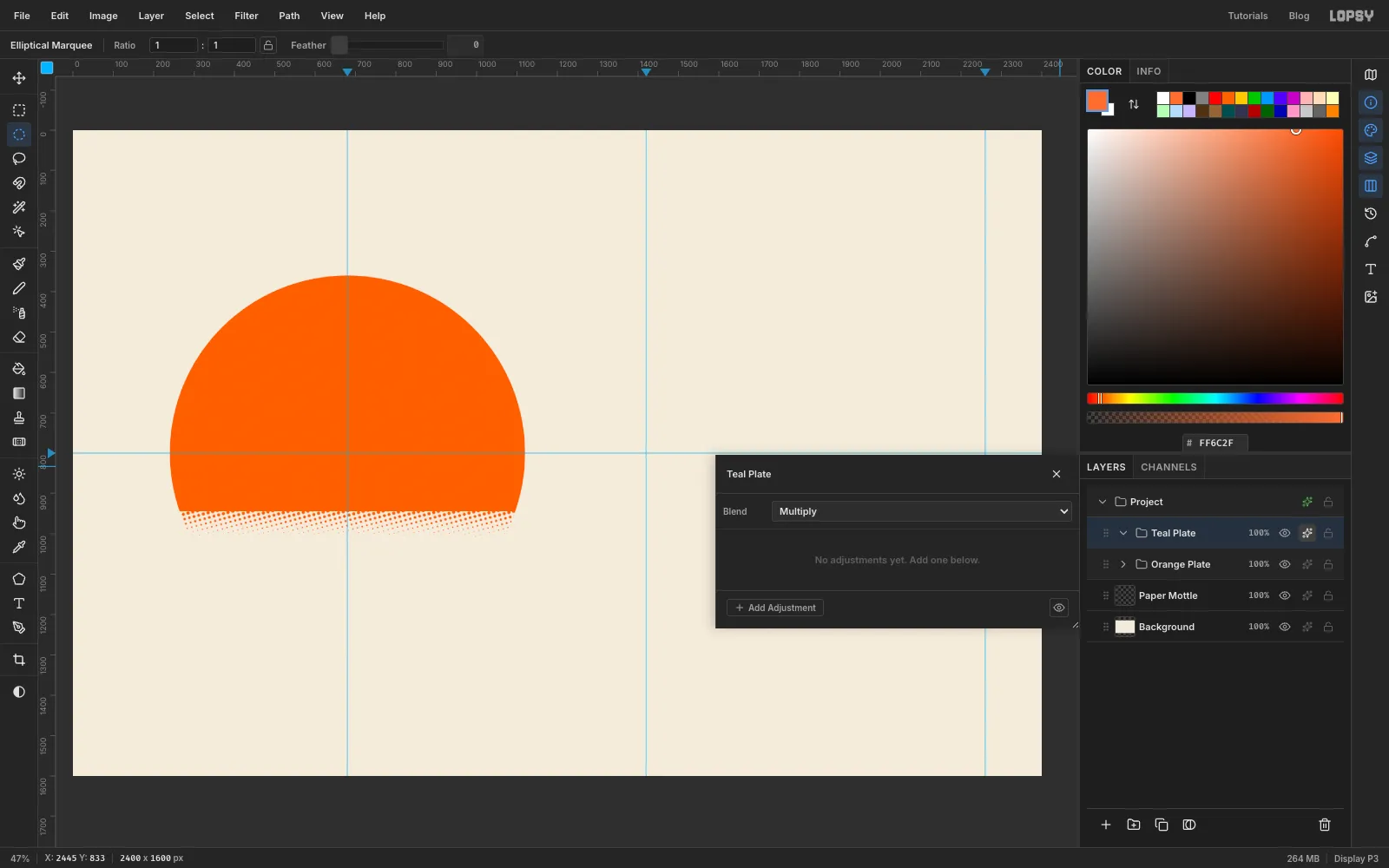 The Teal Plate group's effects drawer open with its Blend dropdown set to Multiply