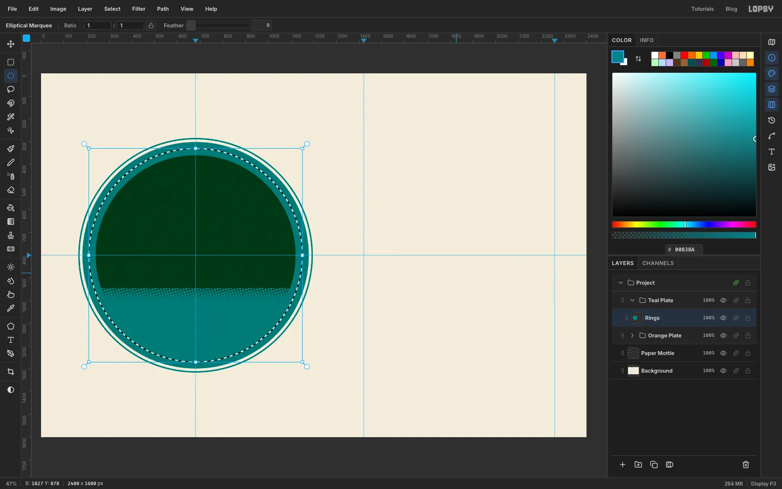 A teal-filled 996 pixel circle with Select, Shrink pulling the selection 28 pixels inward, just before Delete hollows it into a ring