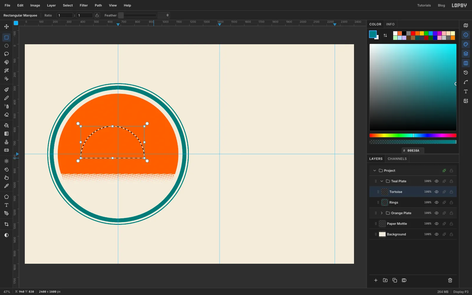 A half-circle selection above the horizon line, made from a 464 pixel circle intersected with a rectangle