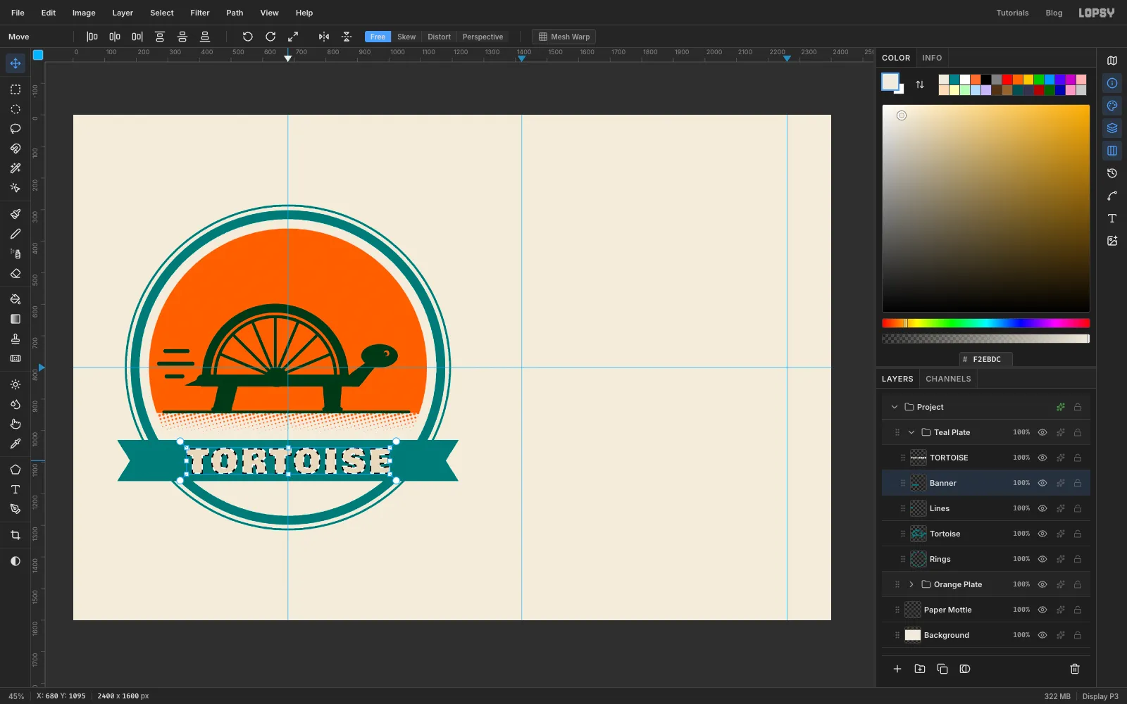TORTOISE in heavy capitals centred on the banner, with its letter shapes loaded as a selection and the Banner layer active