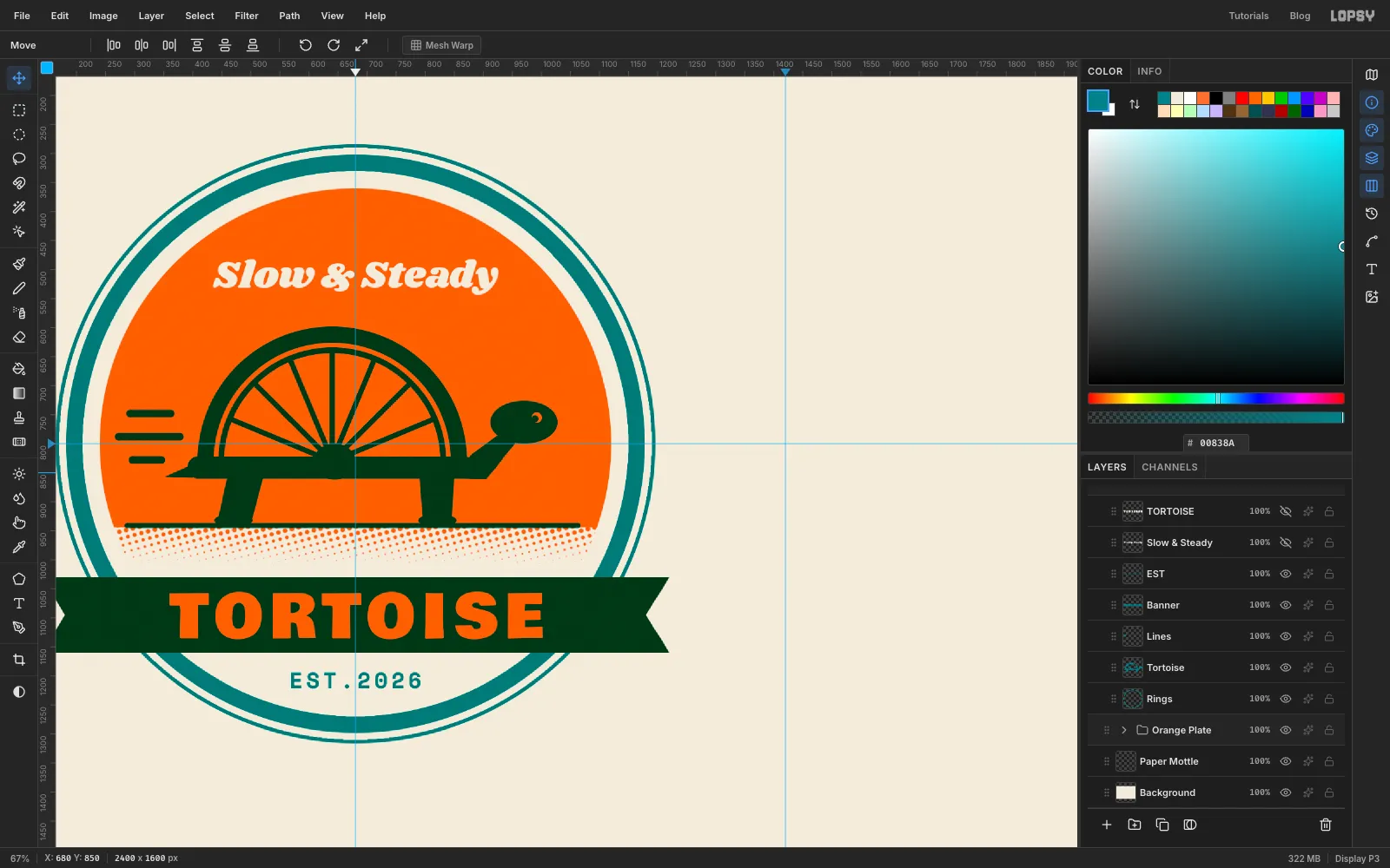 The finished badge type: cream Slow & Steady reversed out of the orange sun, orange TORTOISE in the dark banner, and teal EST.2026 below