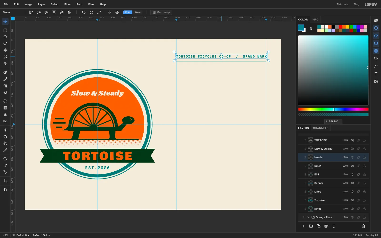 A thin teal rule running from the 1420 guide to the 2260 guide, with TORTOISE BICYCLES CO-OP / BRAND MARK in spaced mono capitals above it
