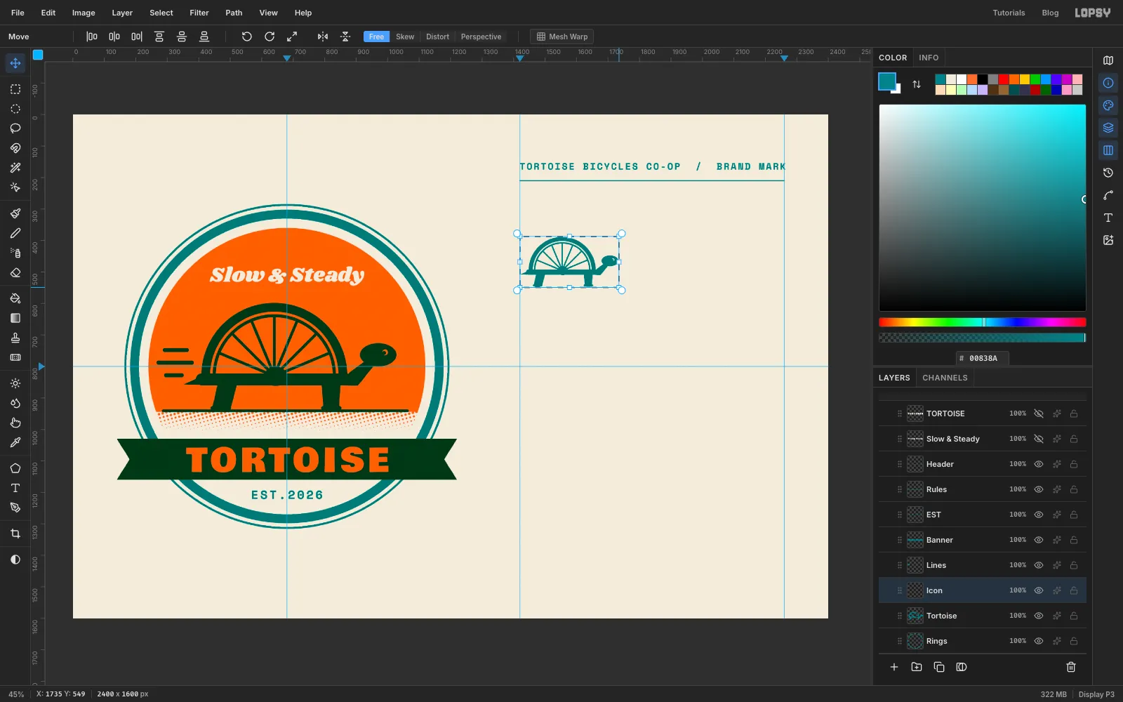 A pasted copy of the tortoise in the right column, scaled down to under half size inside a live transform box