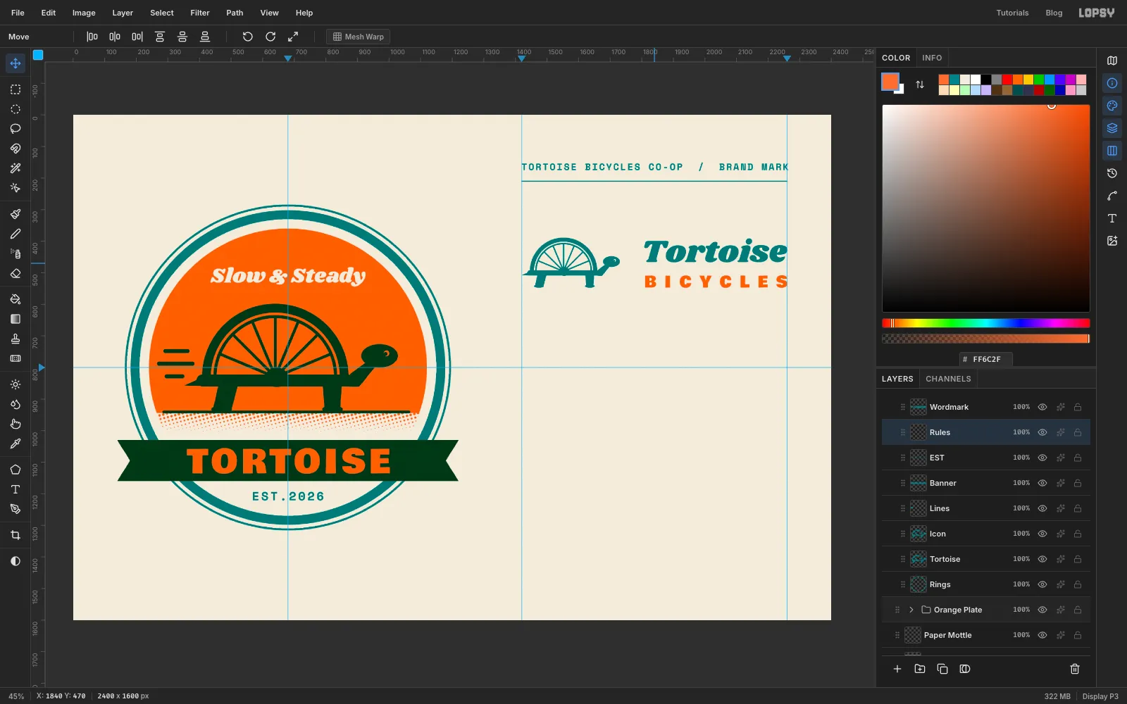 The horizontal lockup: the small teal tortoise icon, Tortoise in teal Shrikhand, and BICYCLES in widely spaced orange capitals, both words ending on the right-hand guide