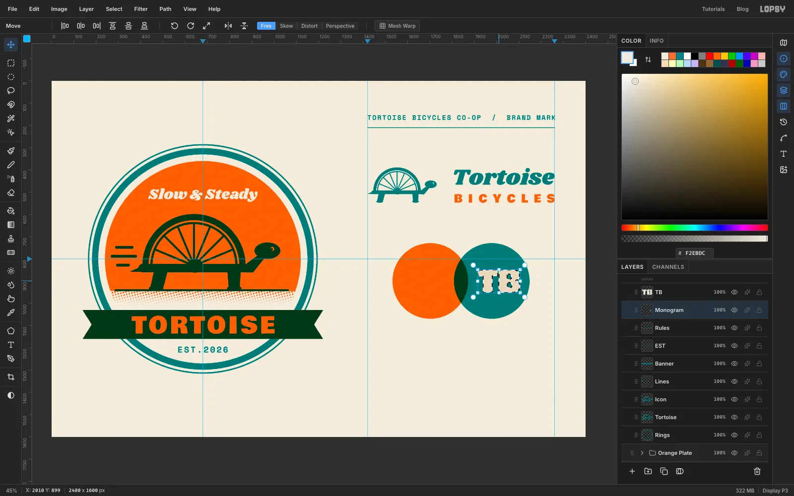 An orange circle and an overlapping teal circle that prints dark where they meet, with TB loaded as a selection over the teal circle
