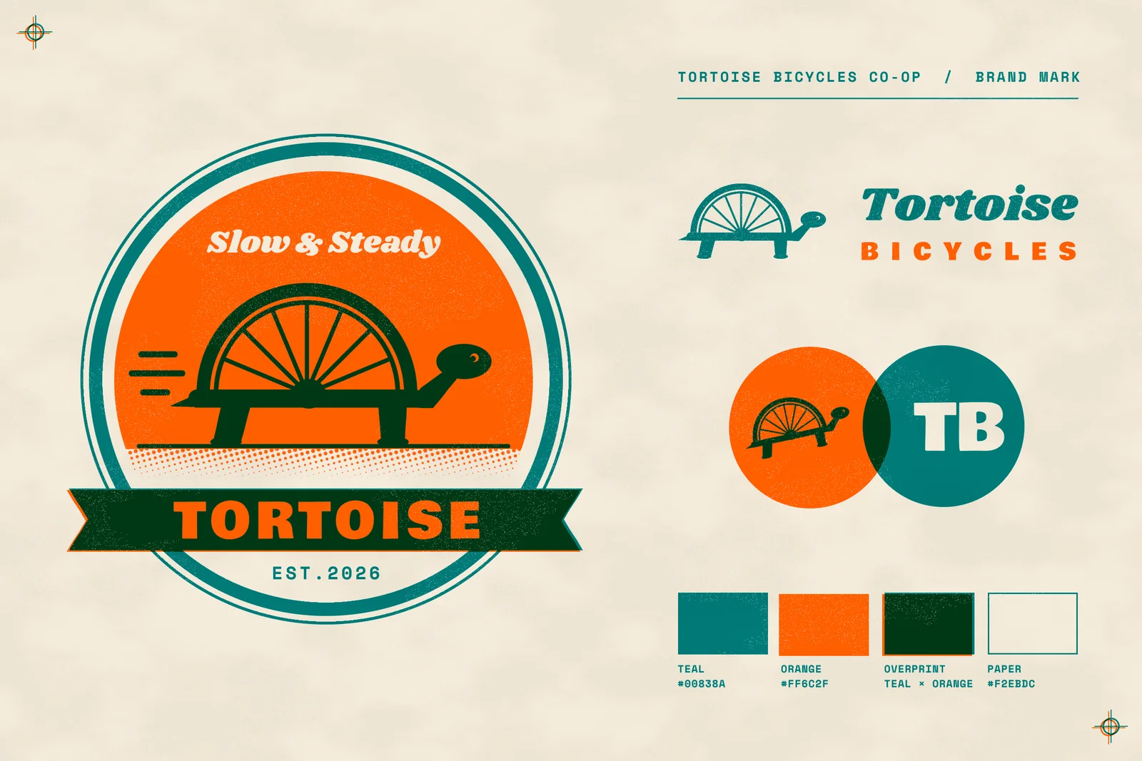 A two-colour risograph brand sheet on cream paper. On the left is a round badge. A double teal ring frames an orange sunset disc with "Slow & Steady" reversed out in cream script. A tortoise walks across it whose shell is half a bicycle wheel, with a tyre, a rim, spokes and a hub, and three speed lines trail behind it. Below the ground line, the sun dissolves into fine halftone dots. A dark ribbon banner across the bottom reads TORTOISE in orange capitals, with EST.2026 underneath. On the right, a header reads TORTOISE BICYCLES CO-OP / BRAND MARK above a rule. Below it, a horizontal lockup pairs a small teal tortoise icon with "Tortoise" in teal script and BICYCLES in spaced orange capitals. An orange circle holding a tilted tortoise overlaps a teal circle with a knocked-out TB monogram, and the overlap prints dark green. A row of four ink chips is labelled TEAL, ORANGE, OVERPRINT and PAPER. The teal ink sits slightly off register from the orange, with clumps of white ink-dropout specks and registration marks in two corners.
