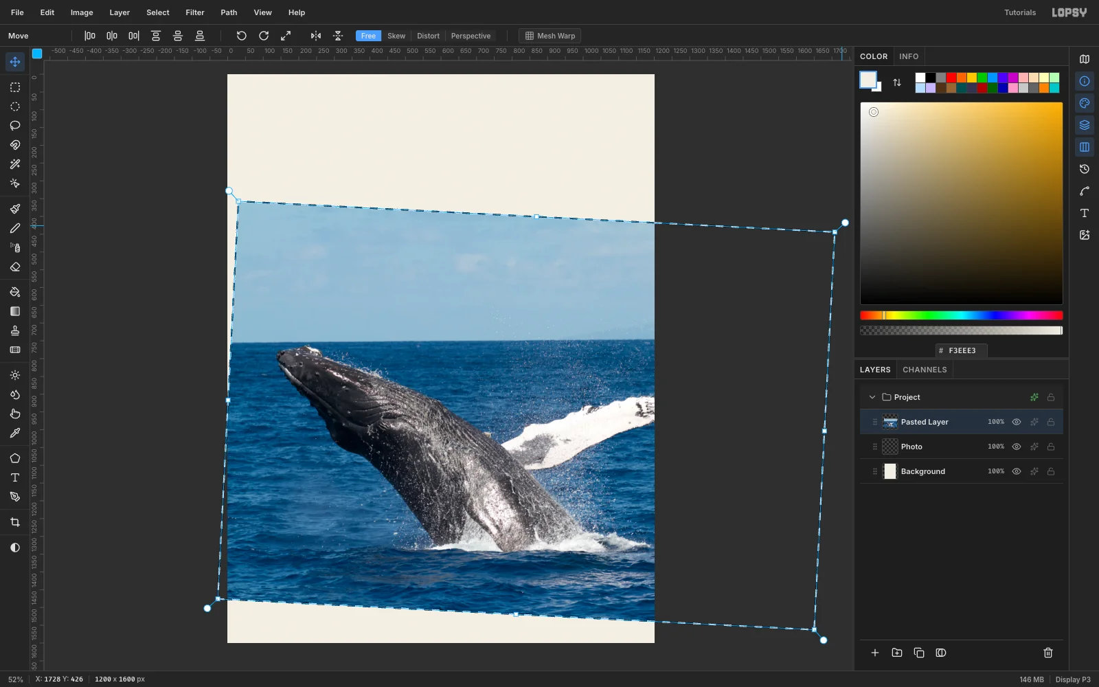 The enlarged photo tilted three degrees clockwise inside a rotated transform box, so the sea's horizon now runs level across the canvas