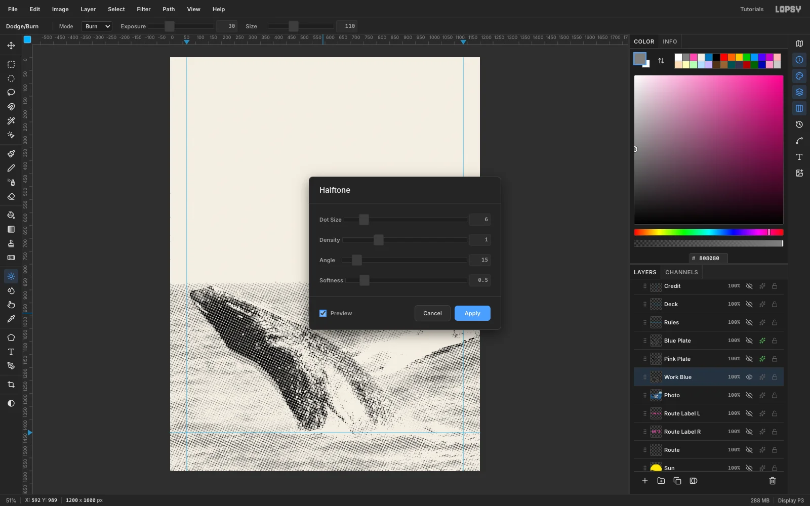 The Halftone dialog set to Dot Size 6, Density 1, Angle 15 and Softness 0.5, with Preview on showing the whale plate turned into fine dots