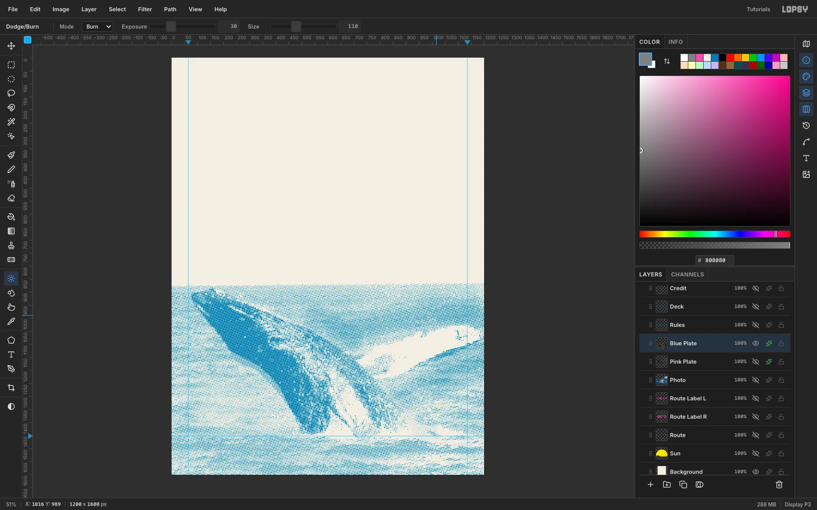 The blue halftone plate on the cream paper, showing the whale in dense blue dots and the sea in a lighter blue dot pattern