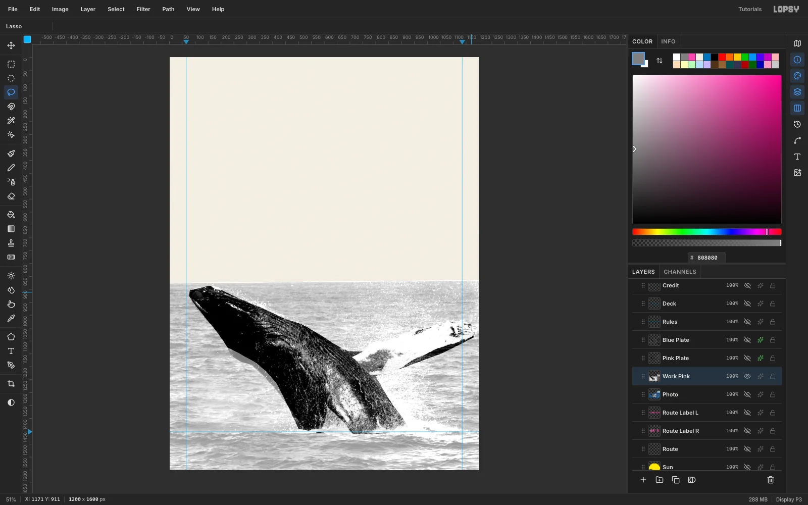 A second grayscale copy of the photo in which the whale is near black and the sea is pale grey, ready to become the pink plate