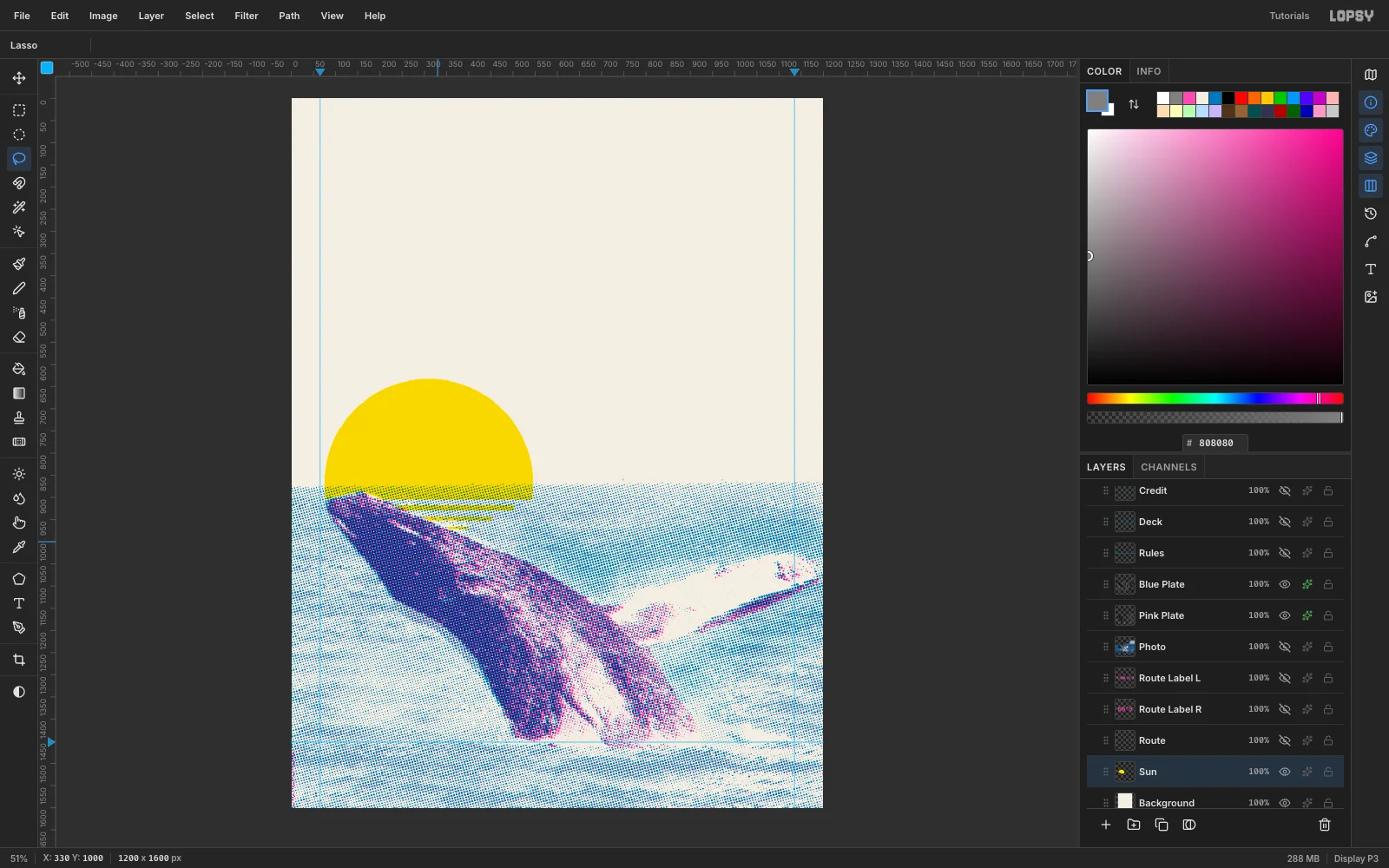 A flat yellow half-sun sitting on the horizon behind the whale, with a green band where it dips under the blue sea and three tapering yellow reflection bars