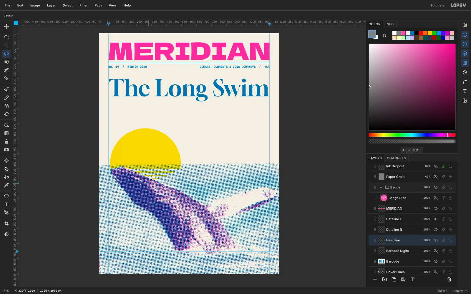 The cover with MERIDIAN in heavy fluorescent pink capitals across the top, a thin blue rule and dateline beneath, and the headline The Long Swim in large blue serif
