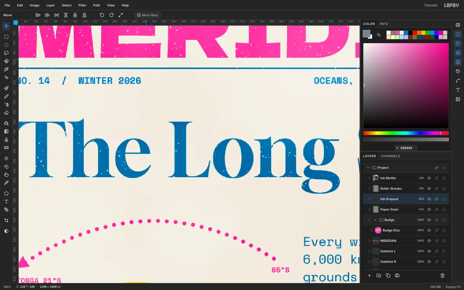 A close-up of the masthead and headline showing round cream ink-dropout voids in the pink and blue ink, faint horizontal roller streaks and paper grain