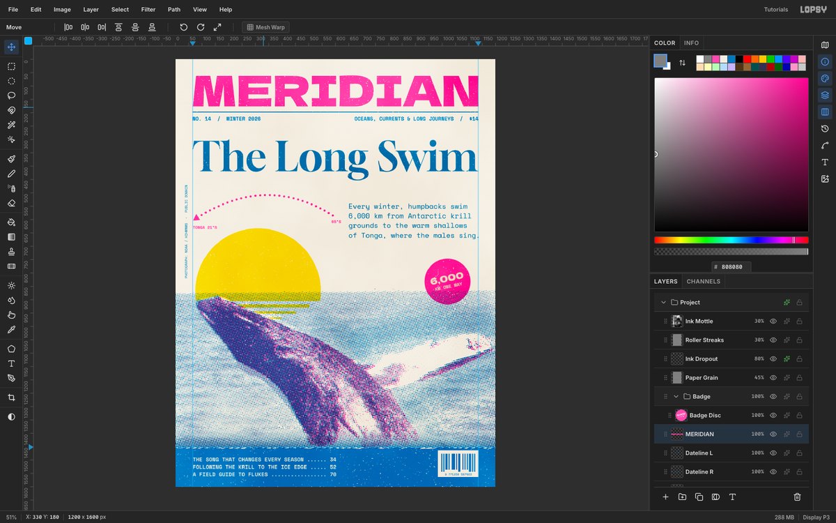 Lopsy editing the finished MERIDIAN magazine cover, with the layers panel open beside a pink-and-blue halftone humpback whale breaching in front of a yellow sun