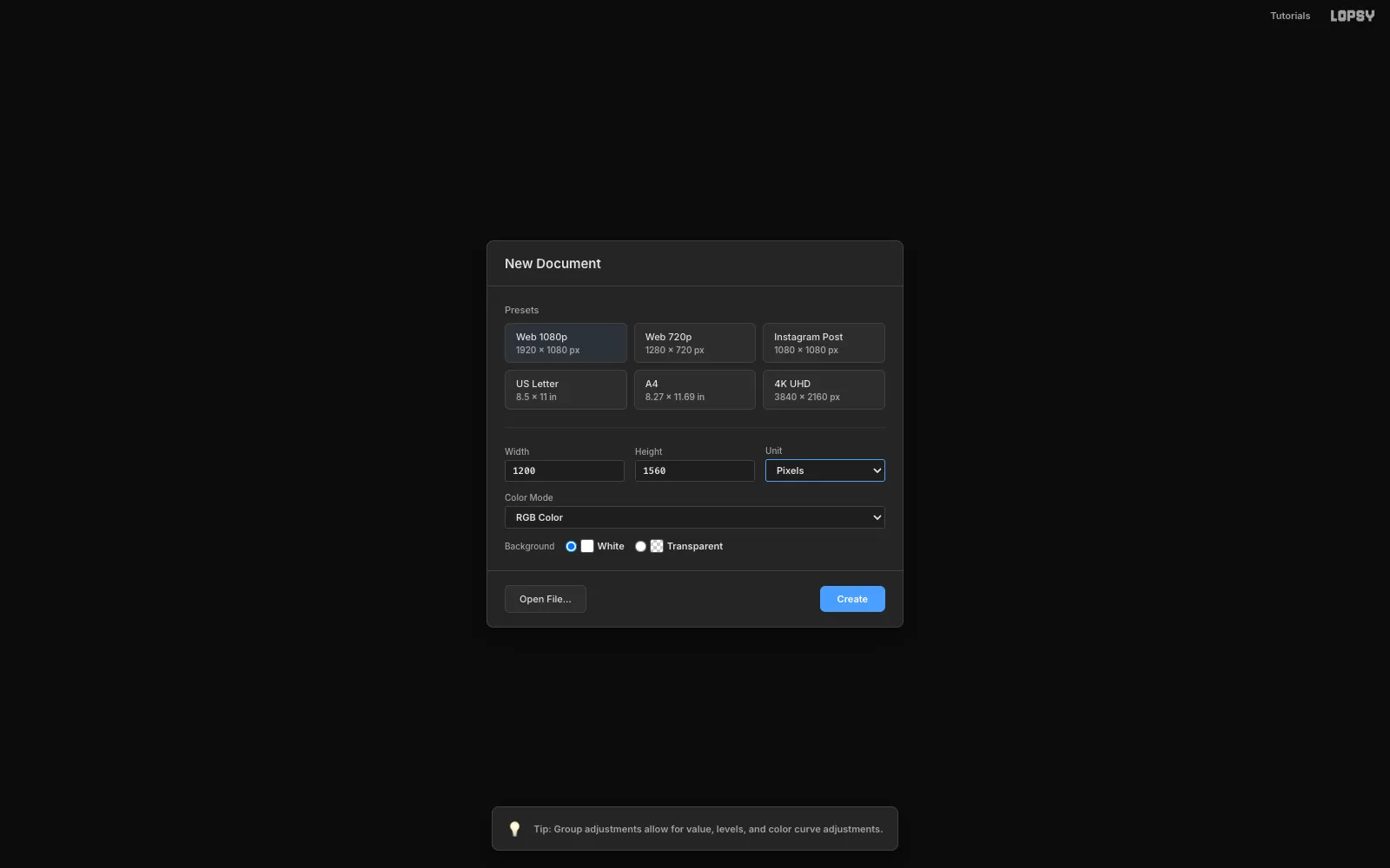 The New Document dialog with Width 1200 and Height 1560 pixels, RGB colour and a white background selected