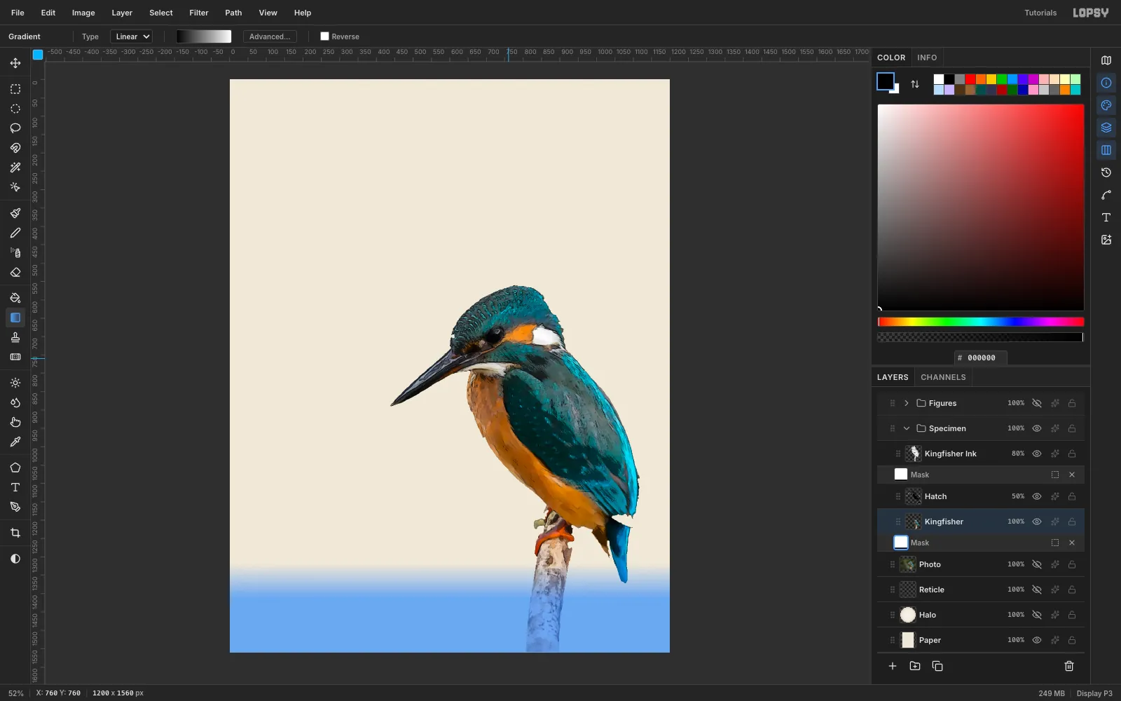 The kingfisher with its layer mask in edit mode, showing a blue overlay across the bottom of the canvas where the twig fades out