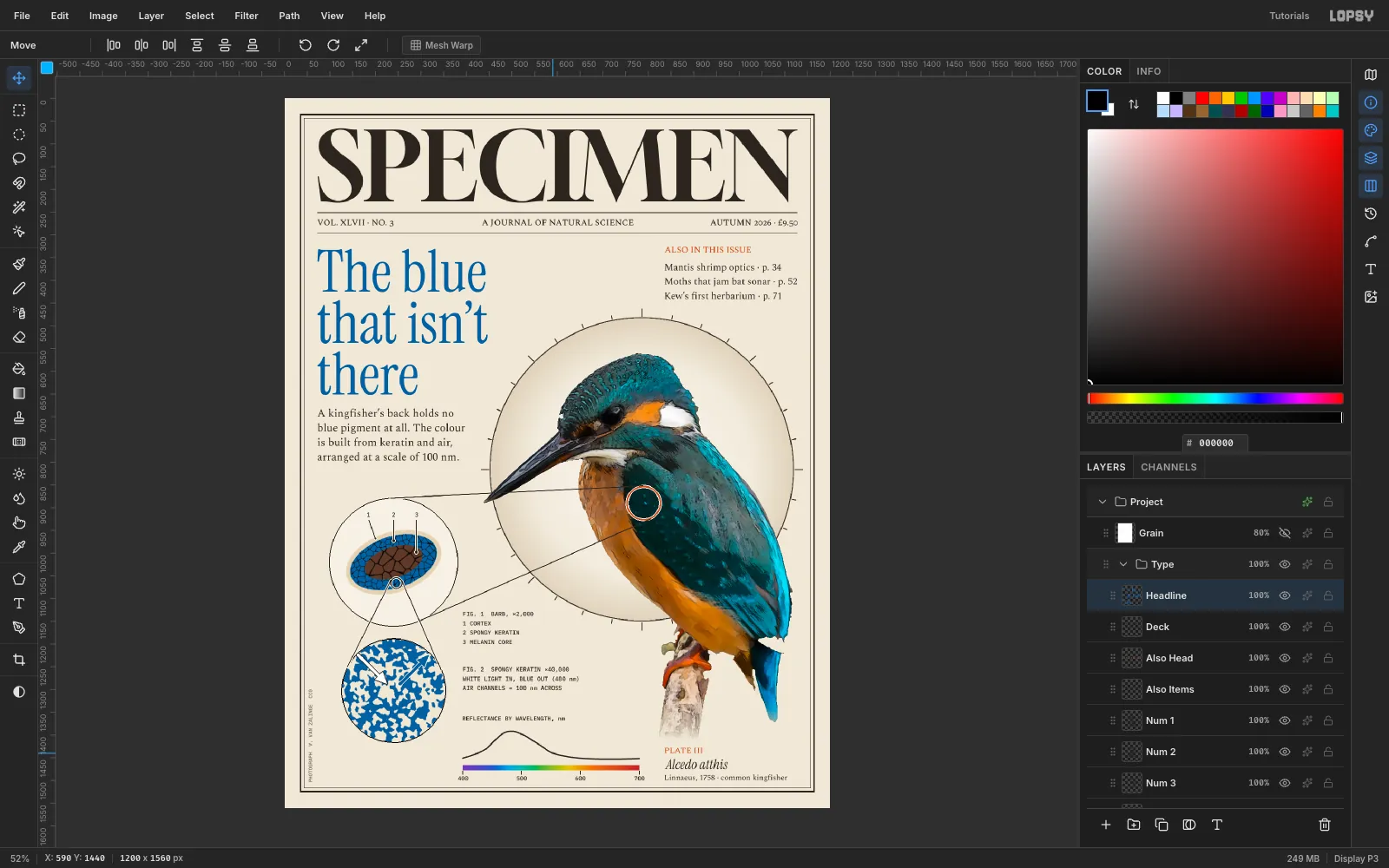 The cover with all type in place: SPECIMEN masthead, dateline between rules, the cobalt headline and deck on the left, the contents column on the right, mono captions beside the figures, and the Plate III block bottom right