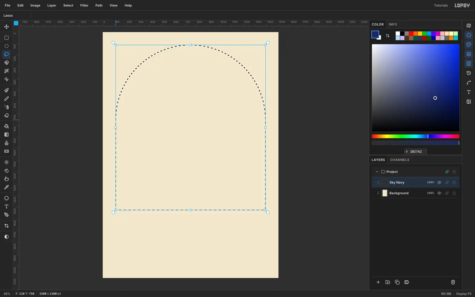 A lasso selection shaped like an arch, a half-circle dome over straight sides, on the cream paper