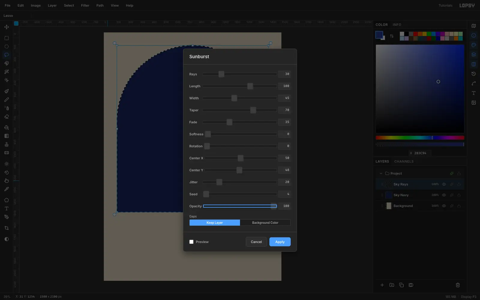 The Sunburst filter dialog open over the arch selection, set to 30 rays