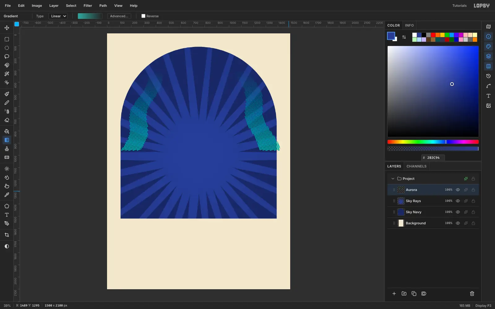 The aurora ribbons rendered as coarse teal halftone dots over the sunburst