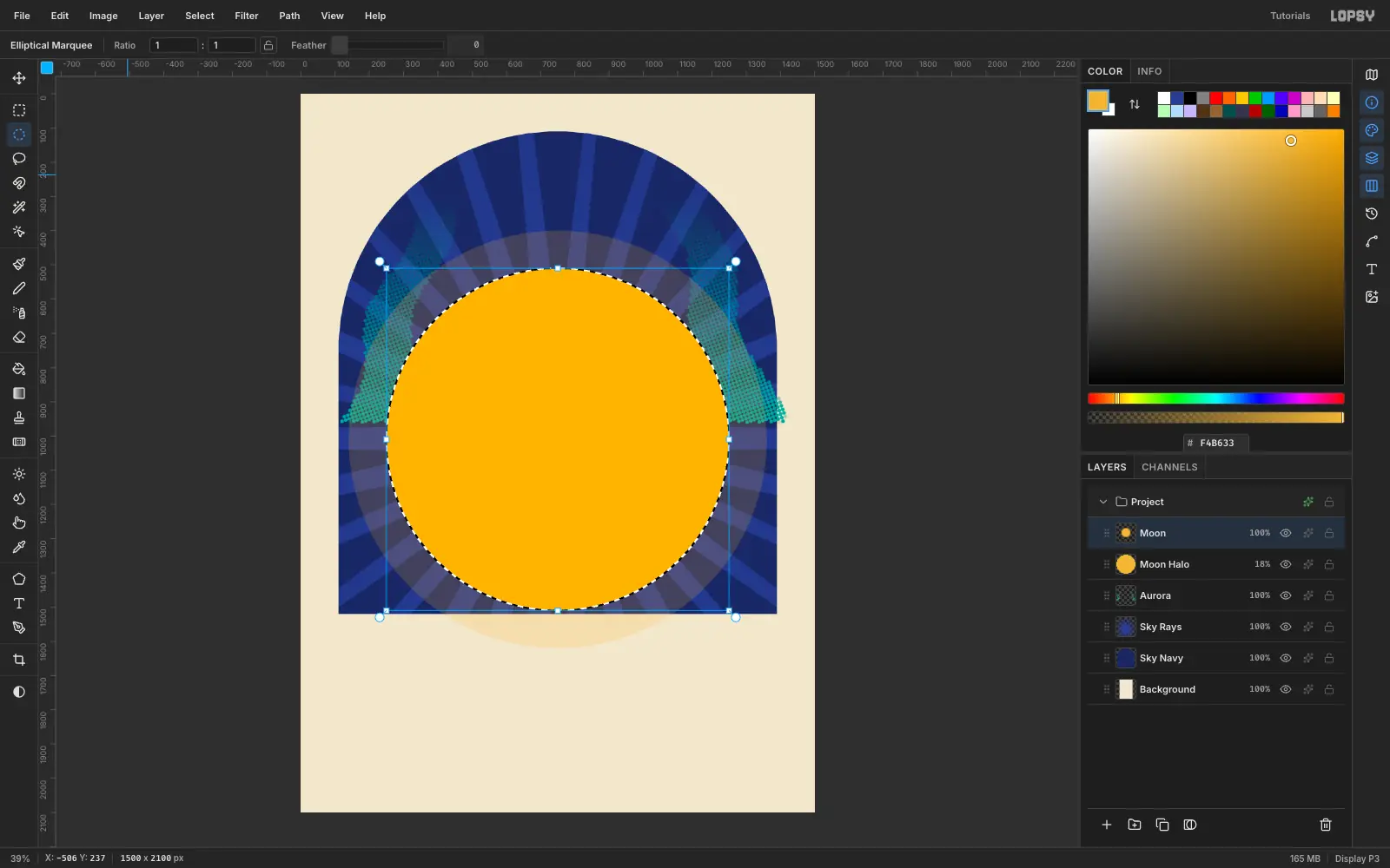 A large gold circle selected with marching ants in the middle of the arch, with a faint pale halo showing below the arch on the paper