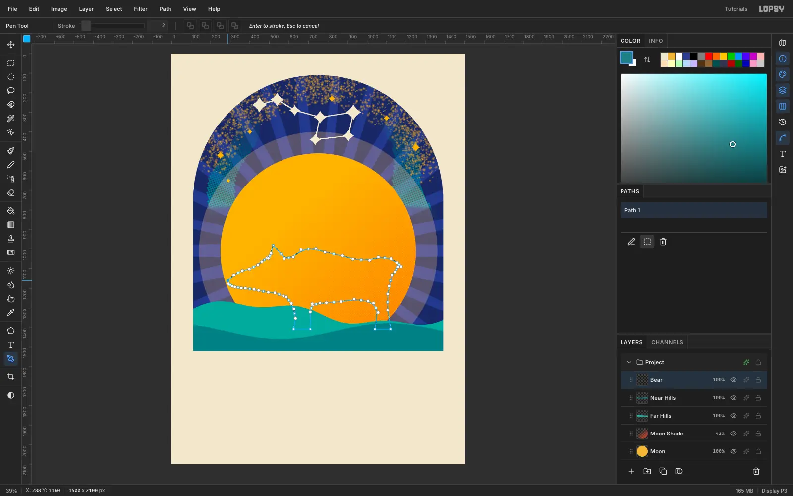 The Paths panel with Path 1 selected and the bear shape marching as a selection