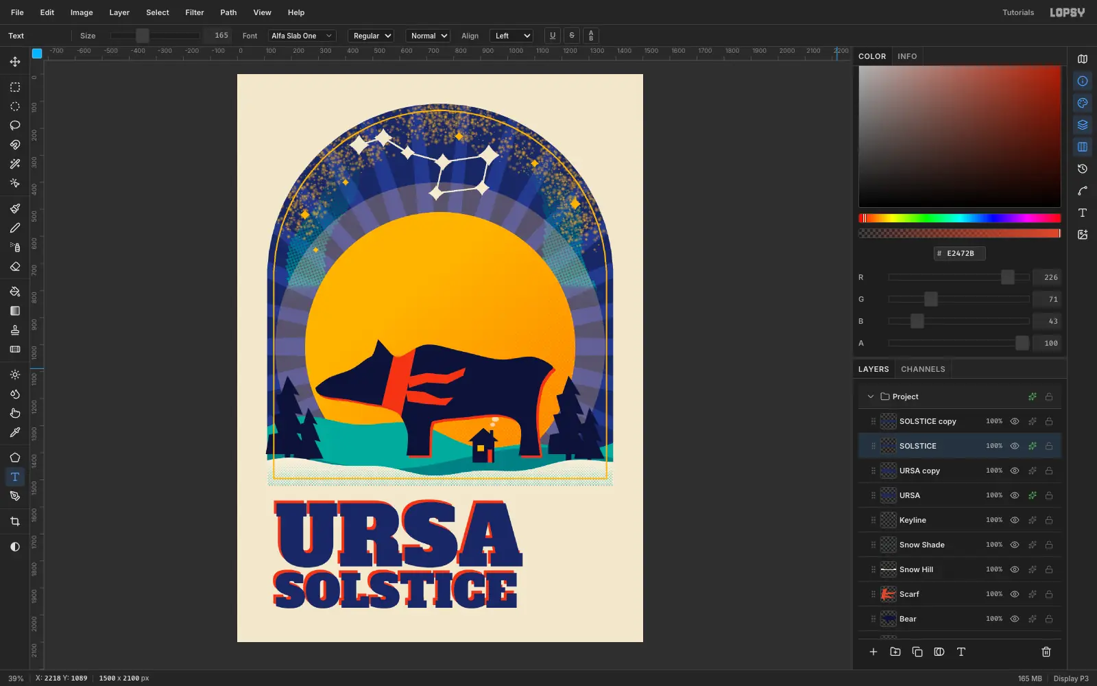 SOLSTICE with a vermilion copy peeking out just behind each letter