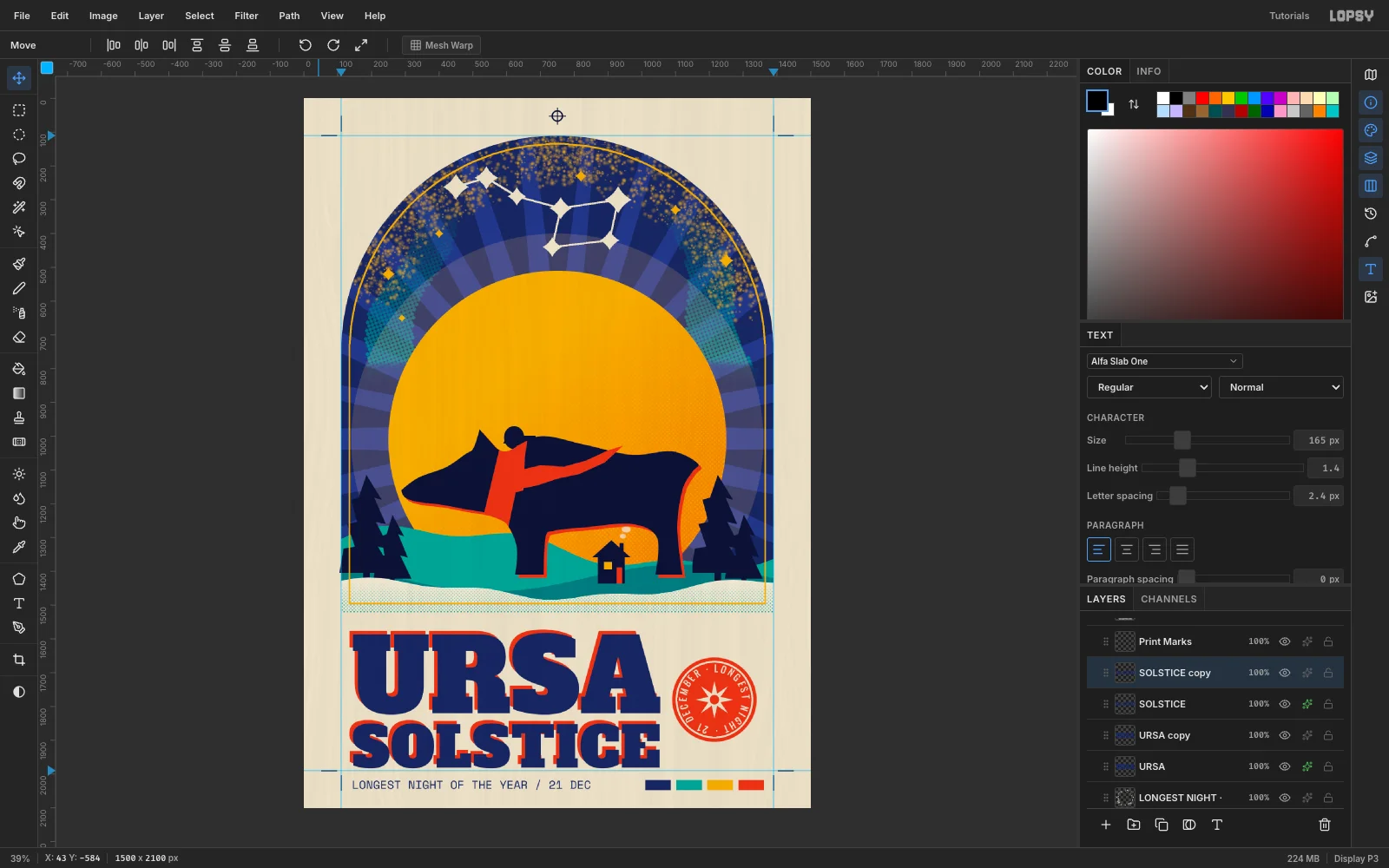 The finished card in the editor, with the Paper Fibers layer softened and SOLSTICE lined up under URSA