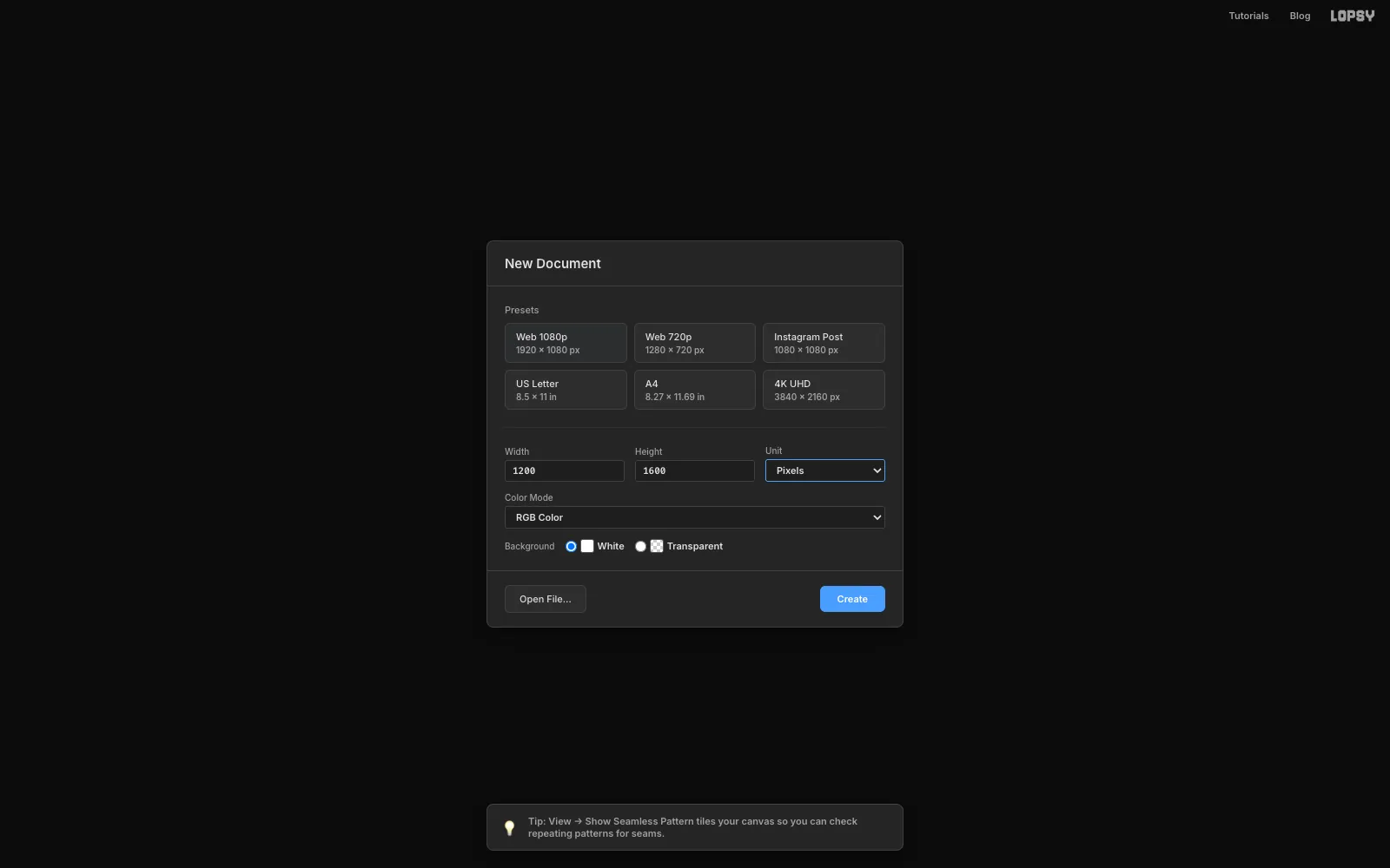 The Lopsy New Document dialog with Width set to 1200 and Height to 1600 pixels and a White background