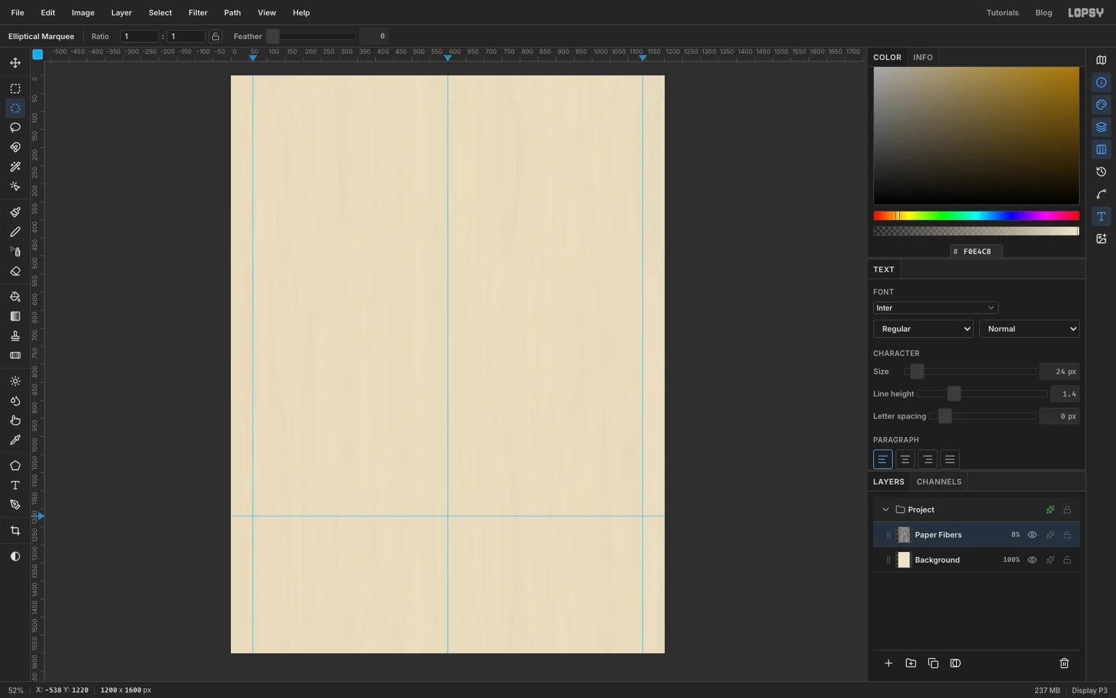 A cream canvas with a faint vertical paper grain, three vertical guides at the left margin, centre and right margin, and a horizontal guide near the bottom
