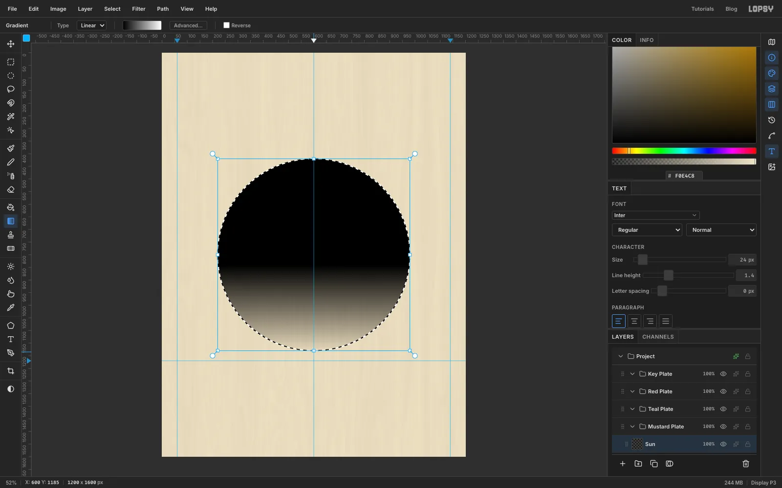 A large circular selection filled with black at the top that fades to white at the bottom, on the cream paper