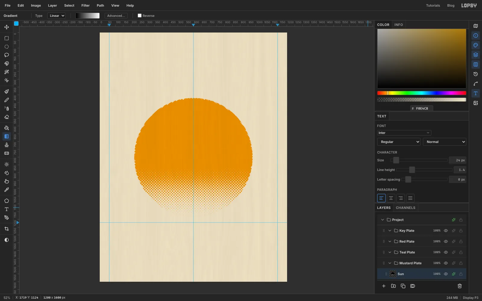 The sun now solid mustard at the top, breaking up into a grid of mustard dots that shrink to nothing towards its bottom edge