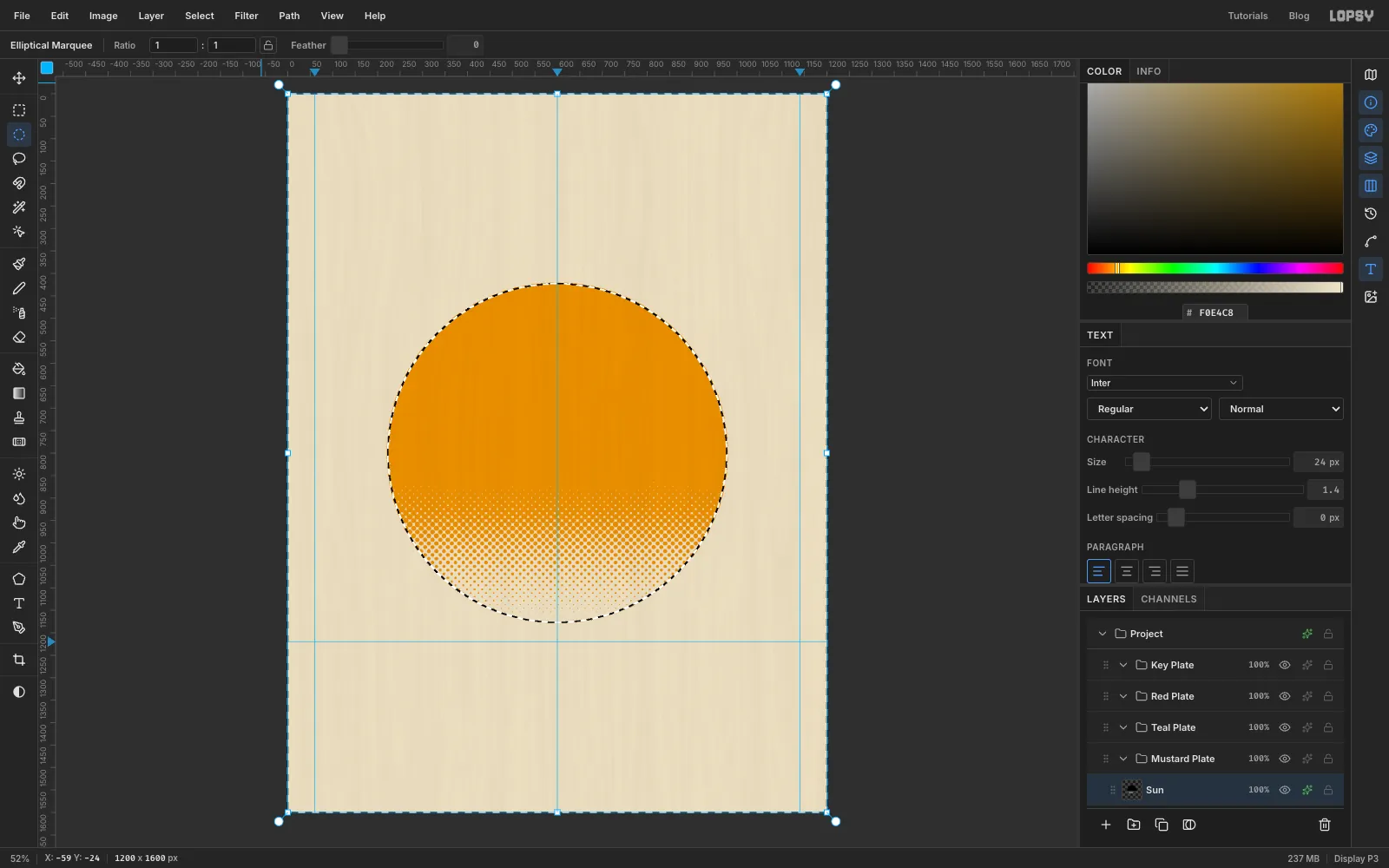 The sun with a slightly smaller circle selected and inverted, so the marching ants run around the sun and the canvas edge