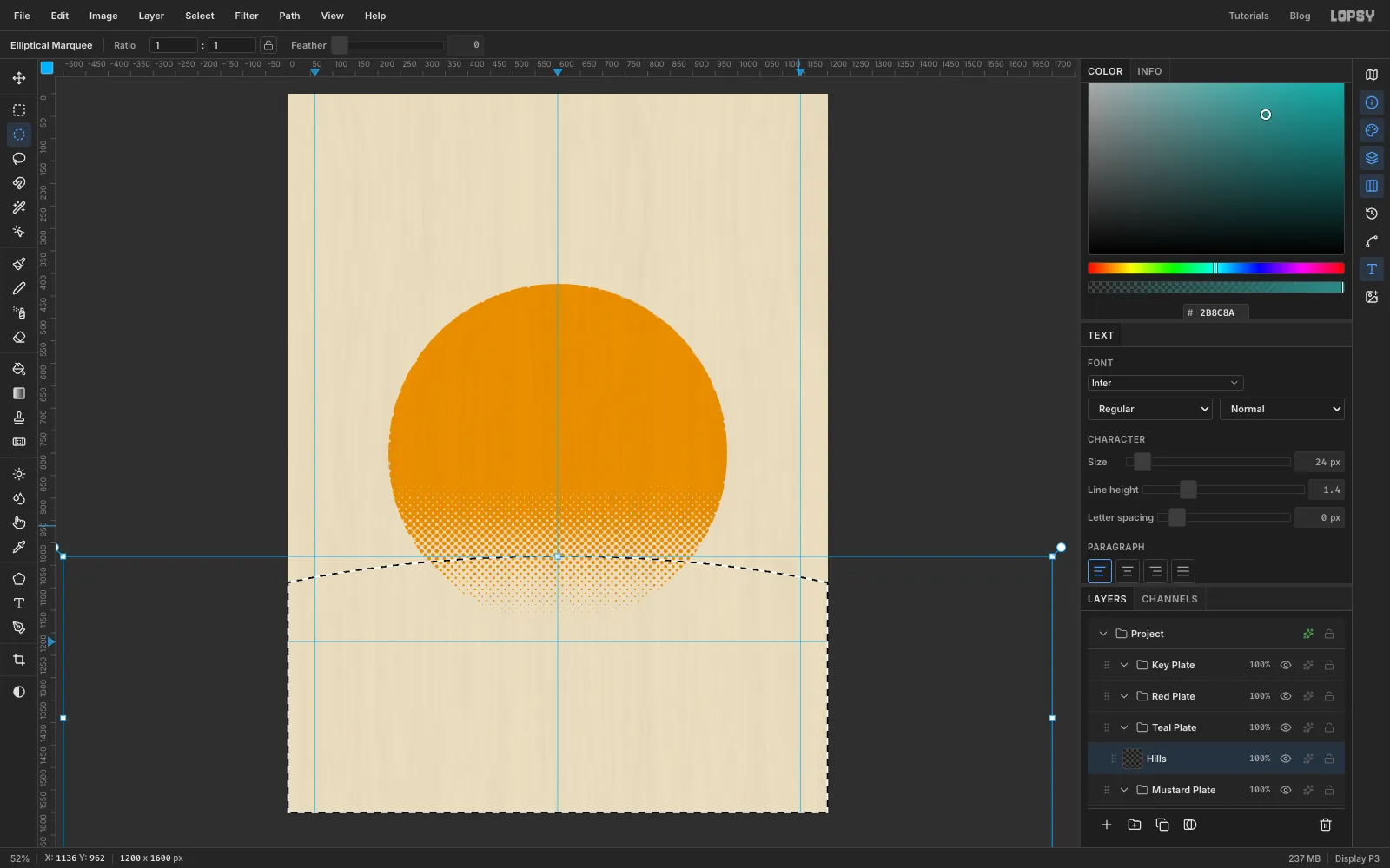 A very wide, flat elliptical selection whose top edge curves across the canvas behind the bottom of the sun