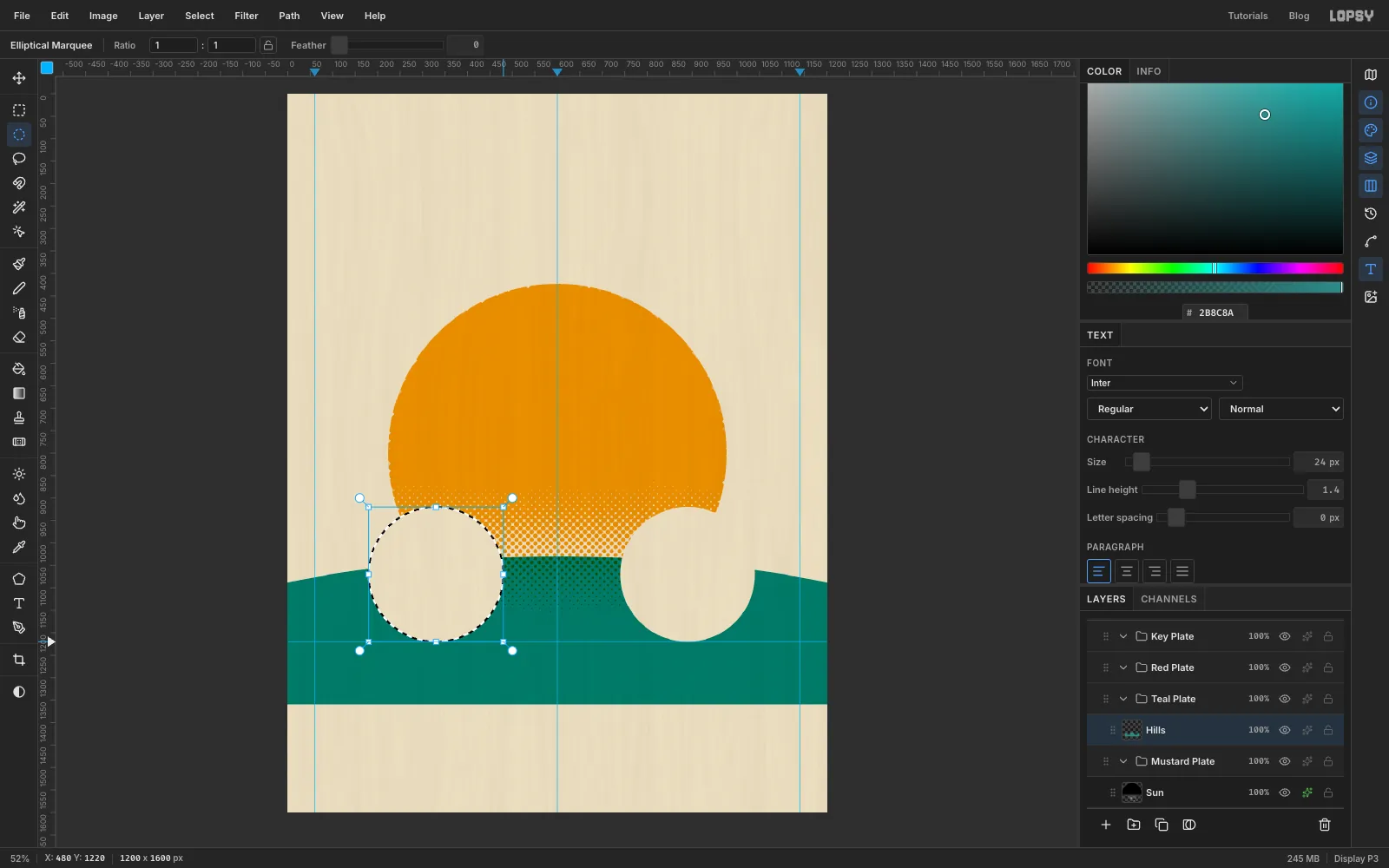 Two paper-coloured circles cut out of the sun and the teal hill, each standing on the ground guide, with one still selected