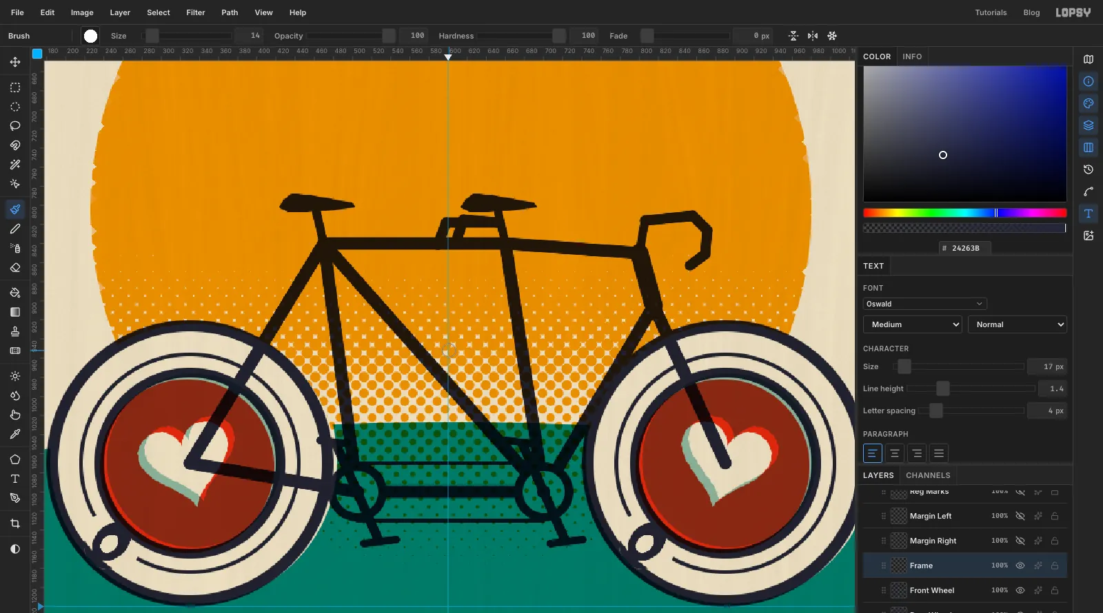 A navy tandem bicycle frame drawn with straight tubes between the two cup wheels, with two saddles, drop handlebars, chainrings joined by a chain, cranks and pedals, all over the halftone sun
