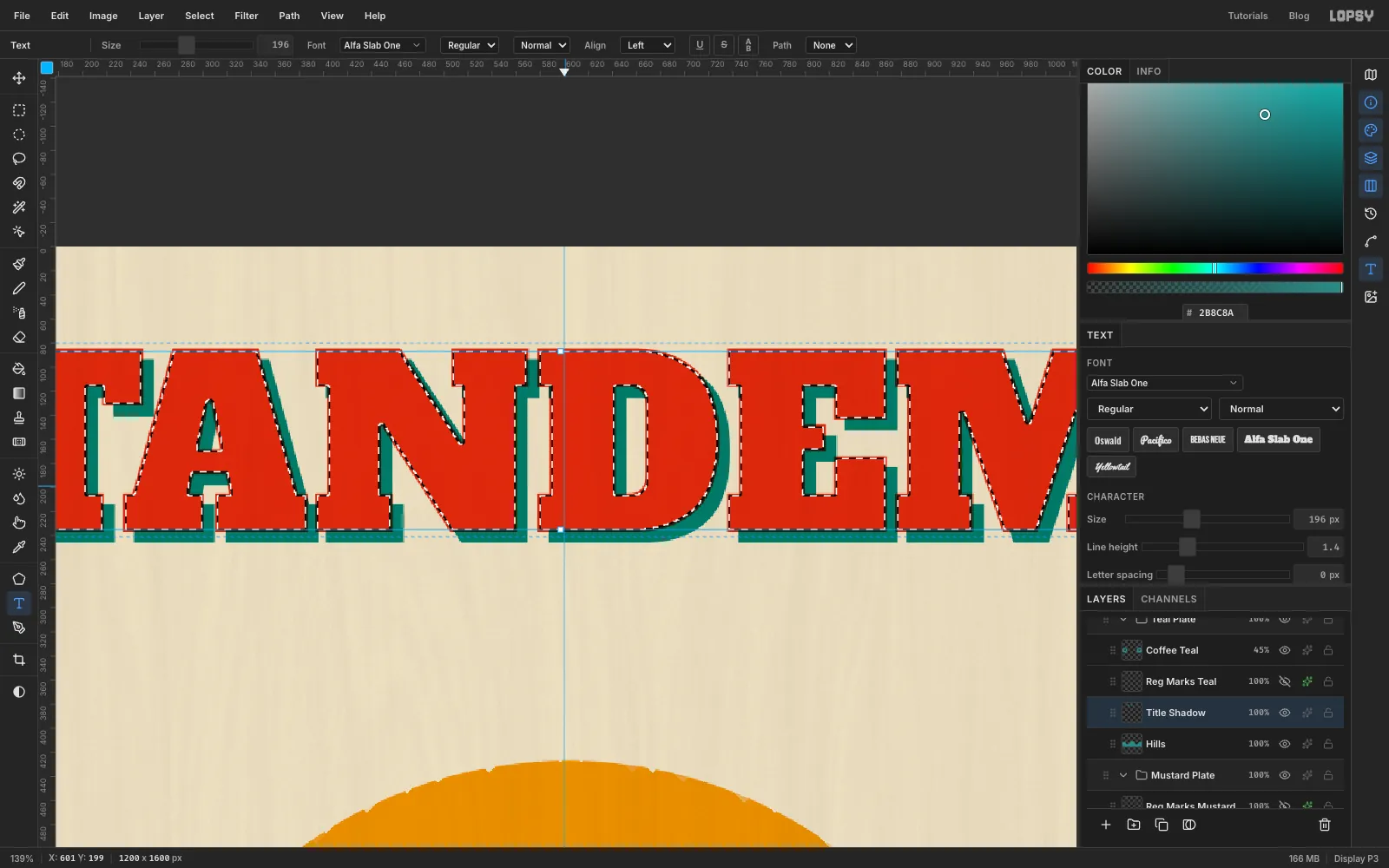 A close-up of TANDEM with the letters selected and shrunk slightly, showing a teal offset shadow down and to the right with a thin dark line where it meets the red