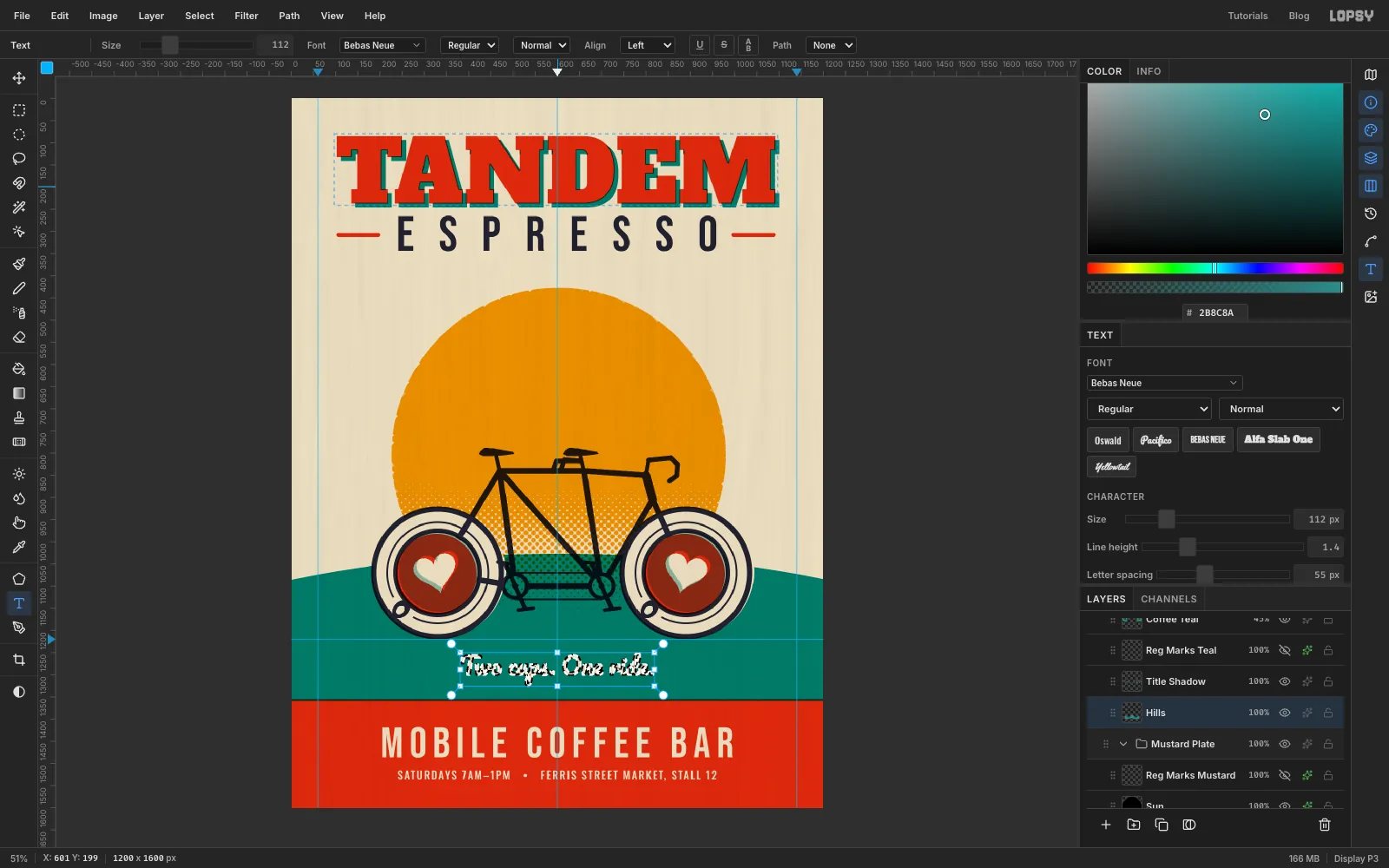 The teal hill under the bike with Two cups. One ride. cut out of it in cream script, with the selection still active