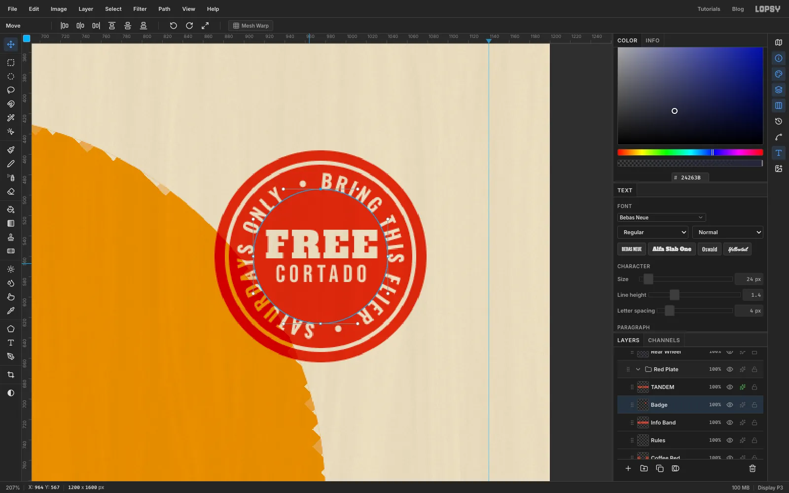 A close-up of the finished stamp: a red disc with the ring text, FREE and CORTADO all cut out in cream