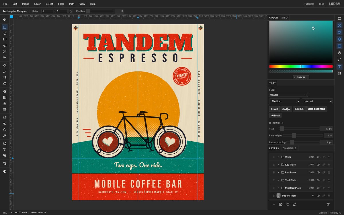 Lopsy at fit-to-screen zoom showing the finished Tandem Espresso flier, with a navy tandem bicycle whose wheels are coffee cups in front of a halftone mustard sun and a teal hill, a big red TANDEM headline, a red free-cortado stamp and a red info band, with the ink-plate groups in the Layers panel on the right