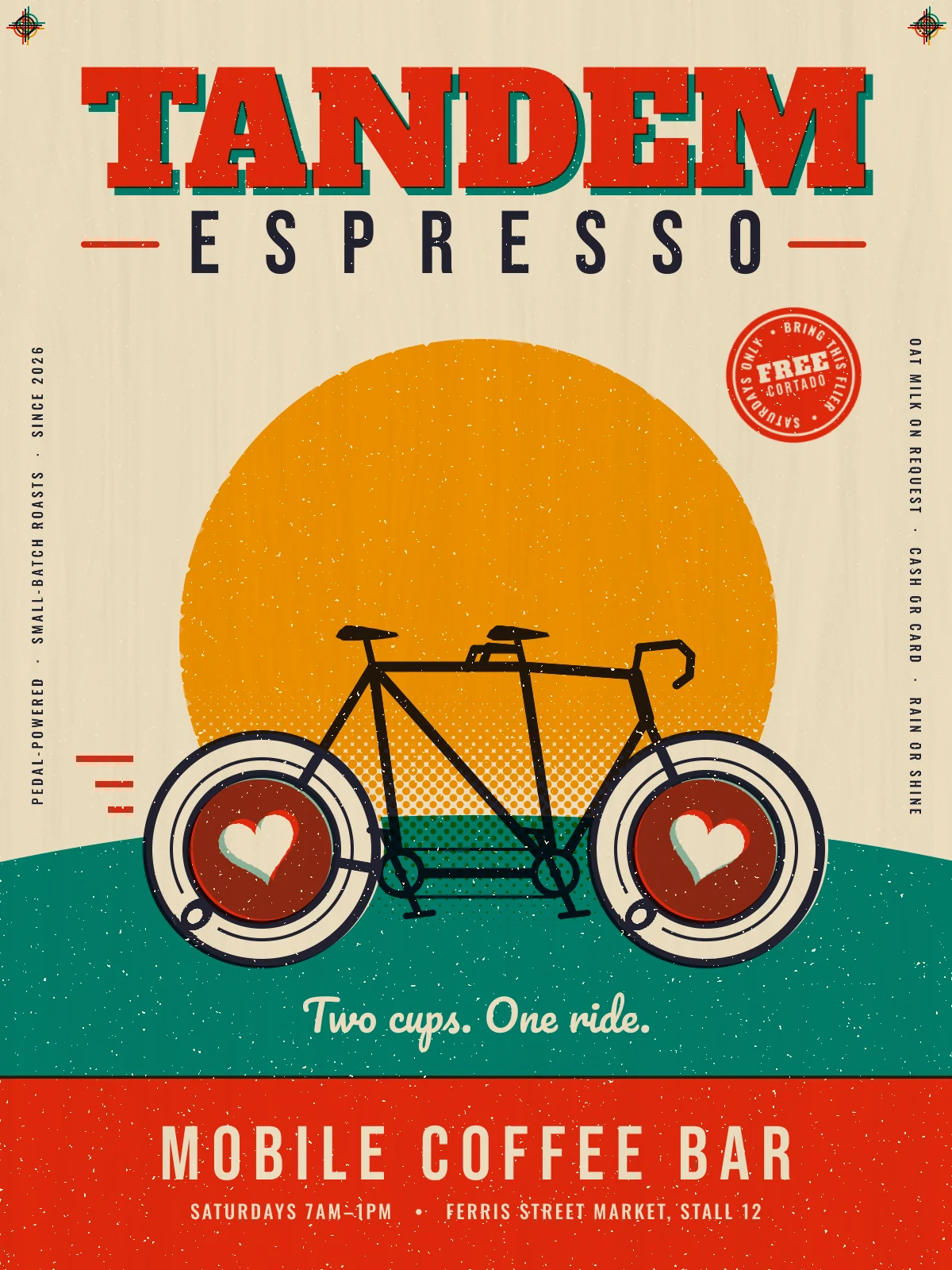 The finished flier for Tandem Espresso, a mobile coffee bar. On cream paper, TANDEM is set in heavy red slab-serif letters with a teal offset shadow, over ESPRESSO in tall, widely spaced navy capitals between two short red rules. A large mustard sun fades into halftone dots at its lower edge. In front of it stands a navy tandem bicycle whose two wheels are coffee cups seen from above, each on a saucer with a small handle loop and a cream latte-art heart in brown coffee. Red speed lines trail behind the bike, which sits on a curved teal hill with "Two cups. One ride." knocked out in cream script. A tilted red stamp in the top right reads FREE CORTADO, Bring this flier, Saturdays only. Thin navy lines of text run up the left and down the right margins. A red band across the bottom reads MOBILE COFFEE BAR and SATURDAYS 7AM–1PM, FERRIS STREET MARKET, STALL 12 in cream. The inks are slightly out of register, the registration marks in the top corners show four colours, and tiny paper-coloured specks show where ink didn't print.