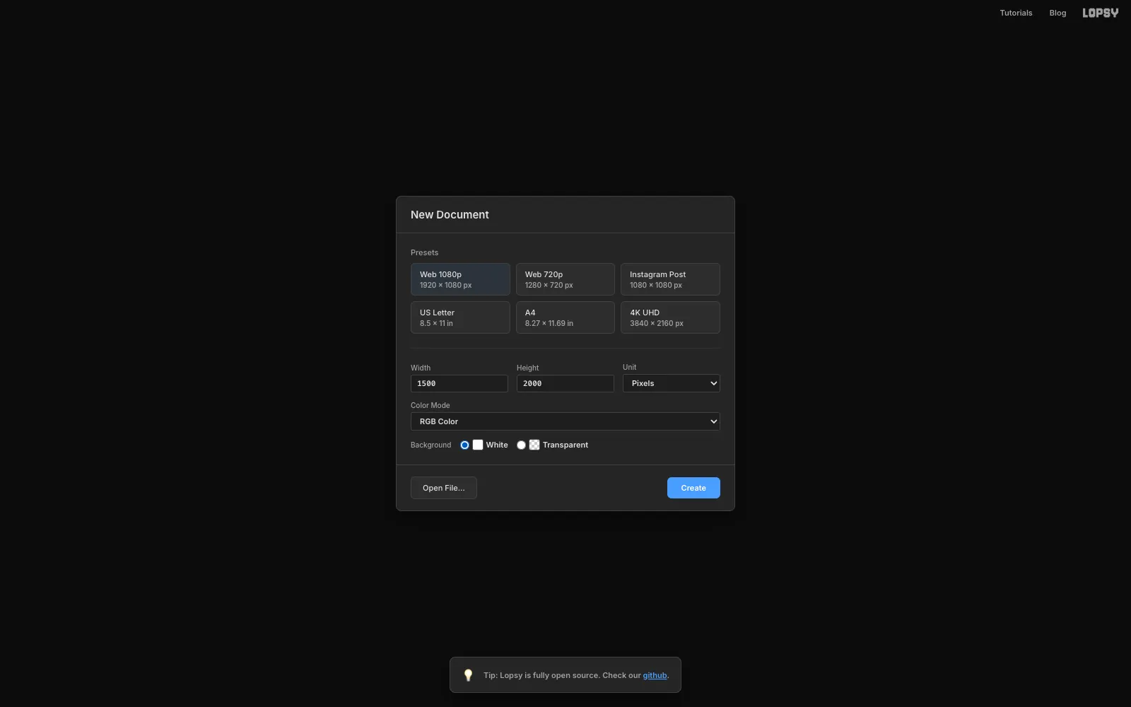 The Lopsy New Document dialog with Width 1500 and Height 2000 pixels and a White background selected