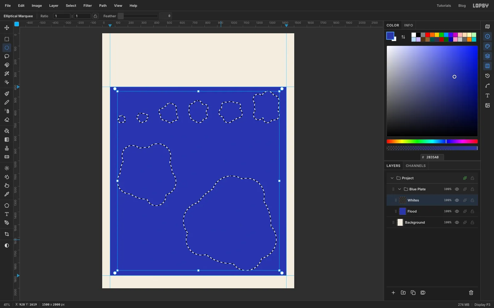 Marching ants tracing eight lumpy, flower-like outlines on the blue panel: six small ones in a row along the top, a large one on the left and a very large one at the bottom right