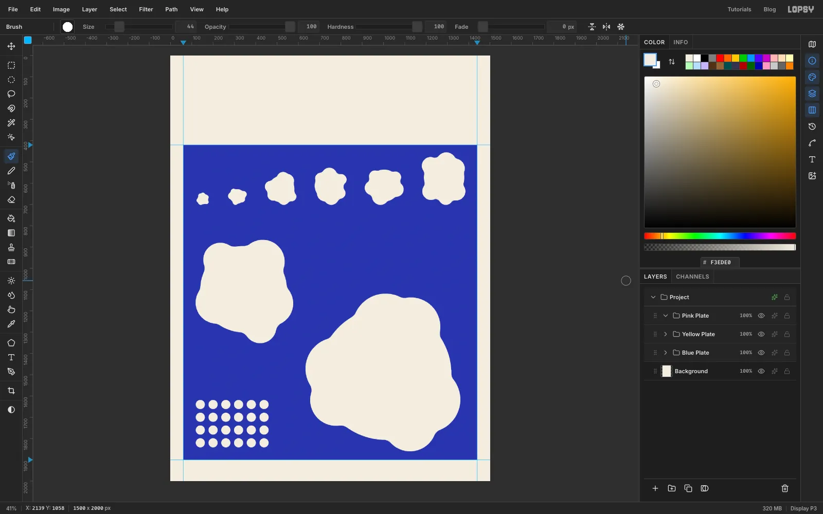 The Layers panel with Pink Plate, Yellow Plate and Blue Plate groups, the egg whites knocked out of the blue panel