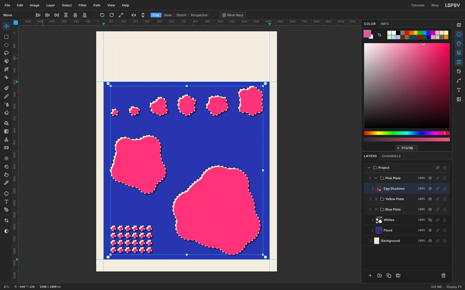 A pink copy of every egg white, offset down and to the right, with the original white outlines selected on top of it