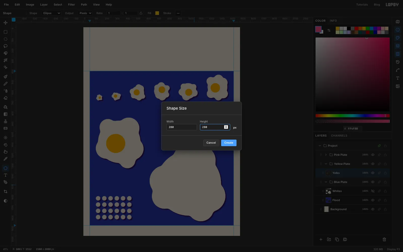 The Shape Size dialog open on the canvas over the ostrich egg, with width and height fields for an exact circle